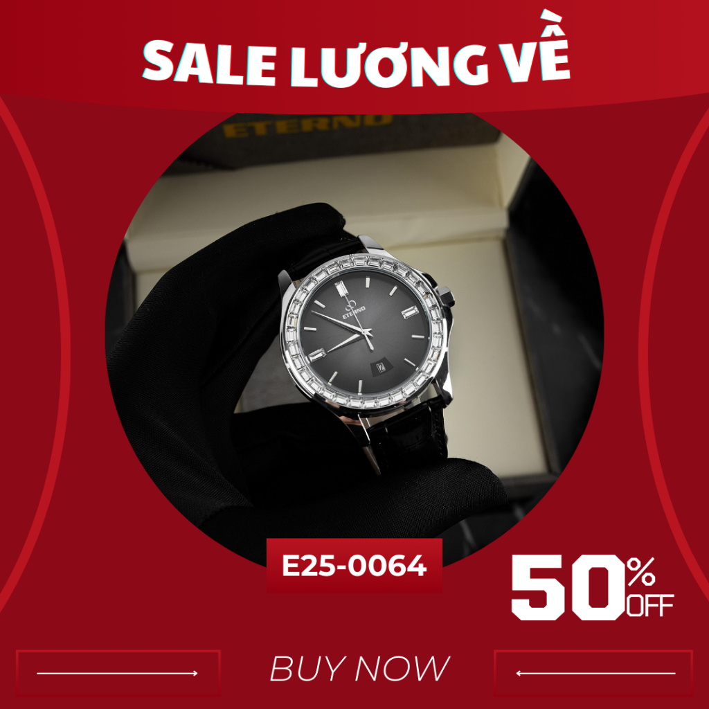 Đồng Hồ Nam - Thương Hiệu ETERNO E25-0064 Viền Đính Đá Khối Dây Da Cao Cấp