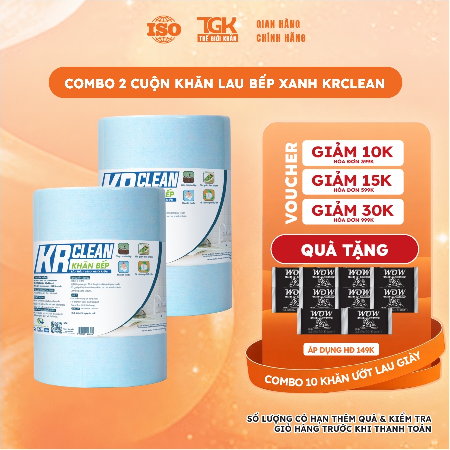 [Combo 2] Cuộn 100 tờ khăn giấy lau bếp xanh Krclean 20x20cm - khăn giấy đa năng - giấy lau bếp - la