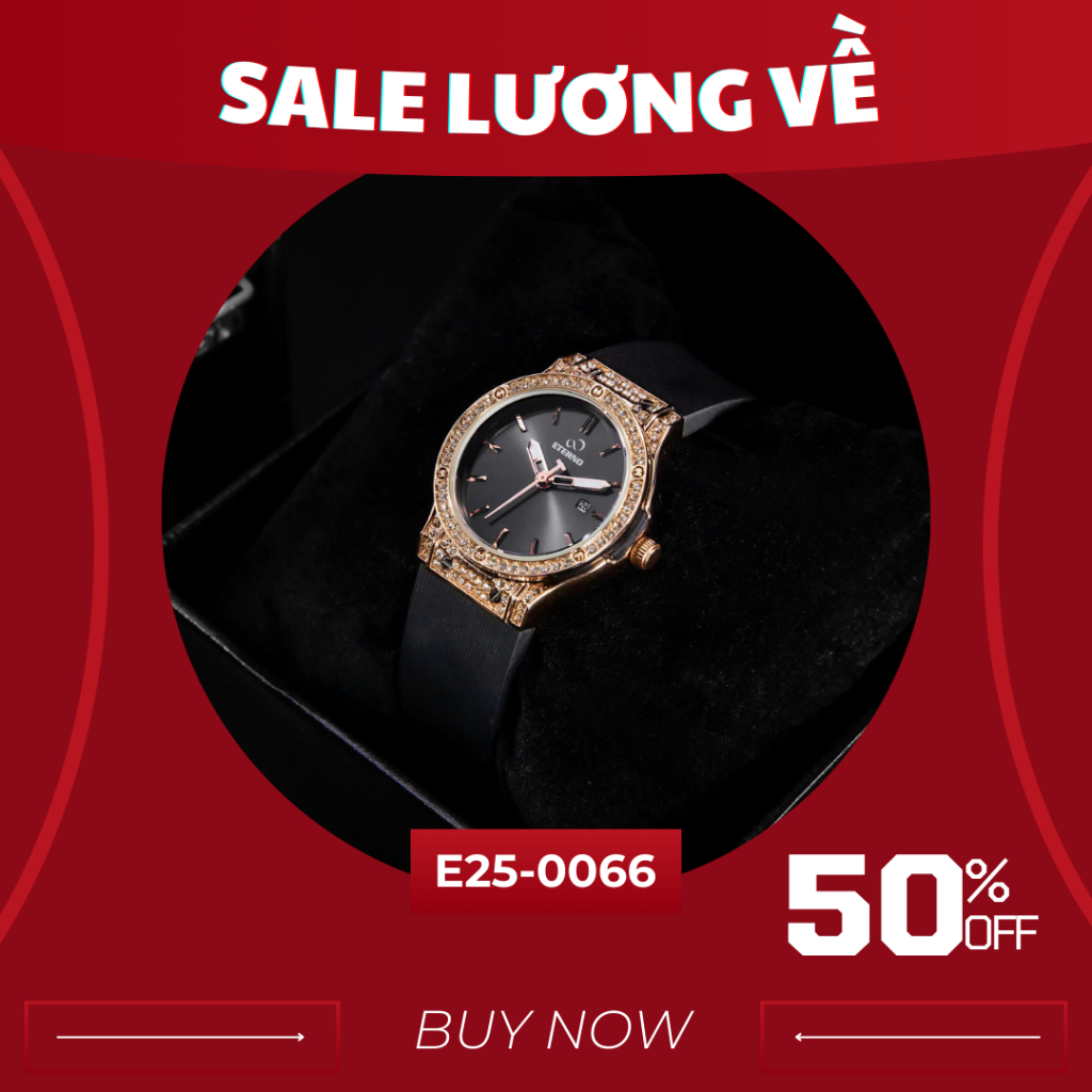 Đồng Hồ Nữ - Thương Hiệu ETERNO E25-0066 dây cao su non, viền đính đá tinh tế