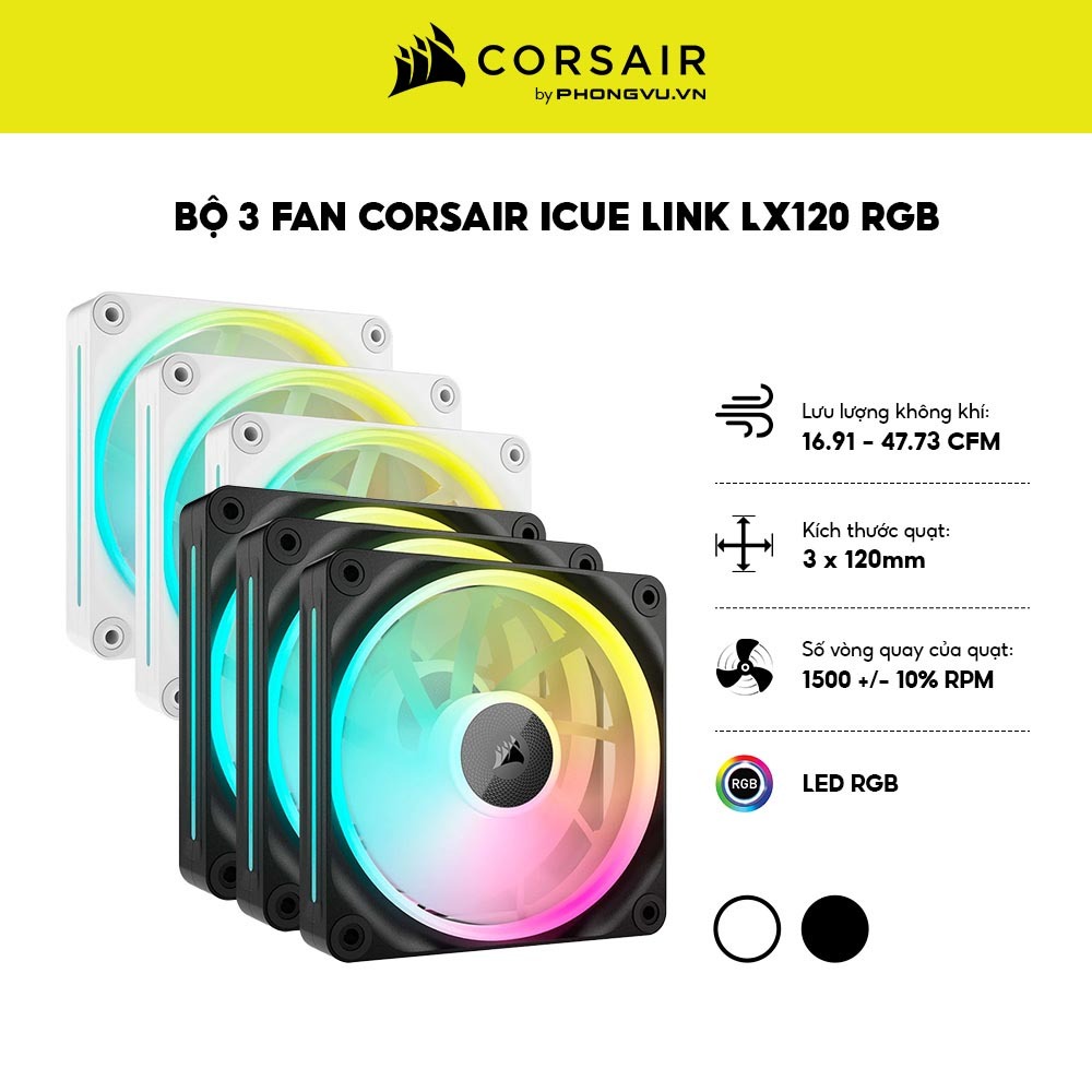 Bộ 3 Fan Corsair iCUE LINK LX120 RGB (Black/White) - 120mm PWM - Magnetic Dome - Bảo hành 60 tháng