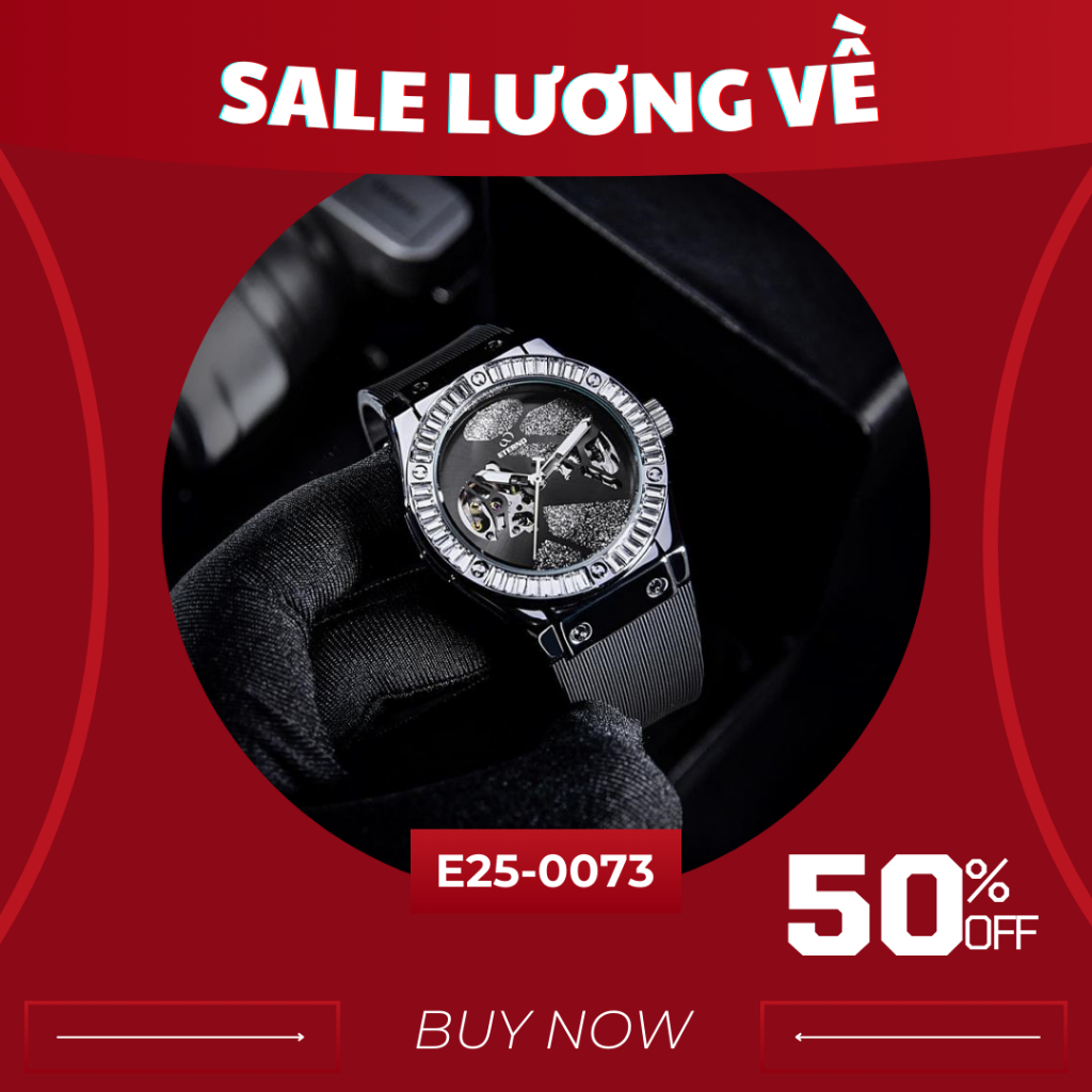 Đồng Hồ Cơ Nam ETERNO E25-0073 Automatic, Dây Cao Su Cao Cấp, Đính Đá