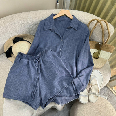 SET Sơ Mi Quần Đùi Bigsize Nữ Somi Tay Dài Kèm Quần Short Ngắn Vải Đũi Vân Mây Thoáng Mát SET861