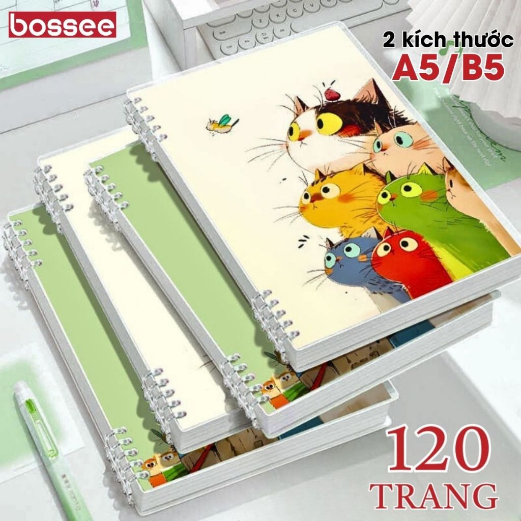 Sổ Còng A5 Mèo Con 120 Trang - Sổ Tay NoteBook Học Sinh Bullet Journal Giấy Chống Lóa Dày Dặn Không 