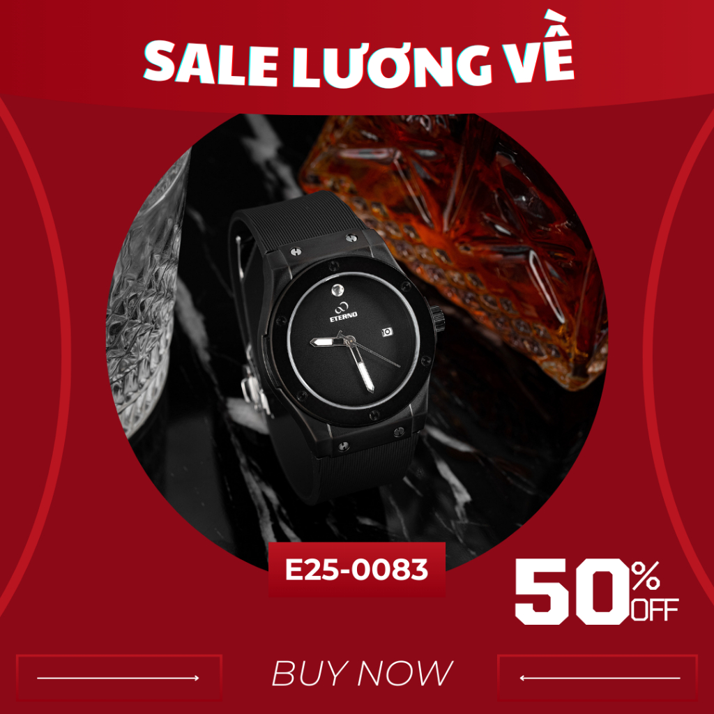 Đồng Hồ Nam - Thương Hiệu ETERNO E25-0083 Dây Cao Su Đen, full đen, Size 40mm