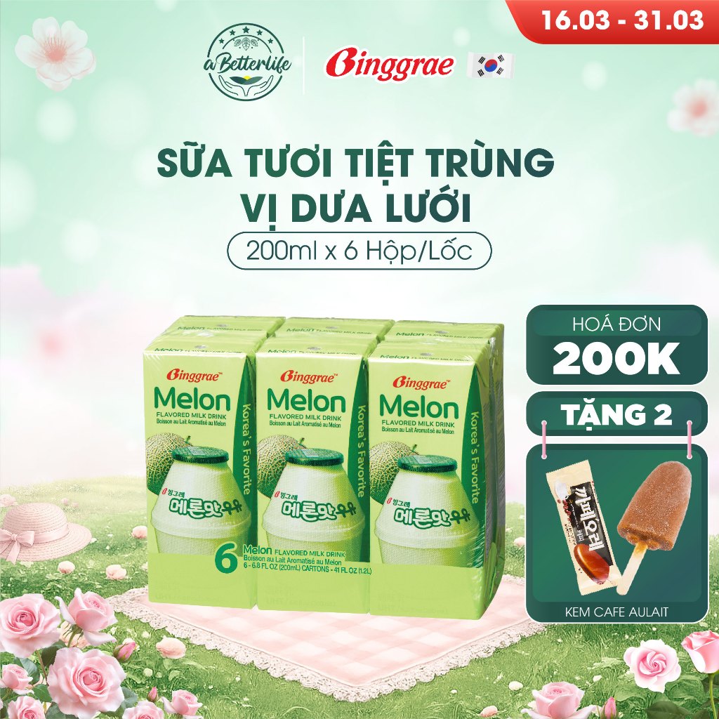 Lốc 6 hộp sữa dưa lưới Hàn Quốc Binggrae Melon Milk 200ml ABetterLife