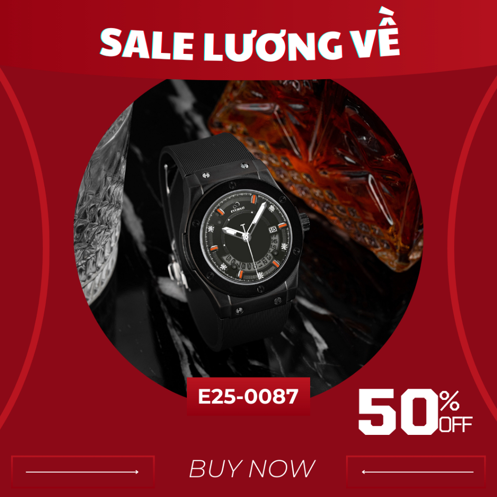 Đồng Hồ Nam - Thương Hiệu ETERNO E25-0087 Dây Cao Su Đen, full đen, Size 40mm