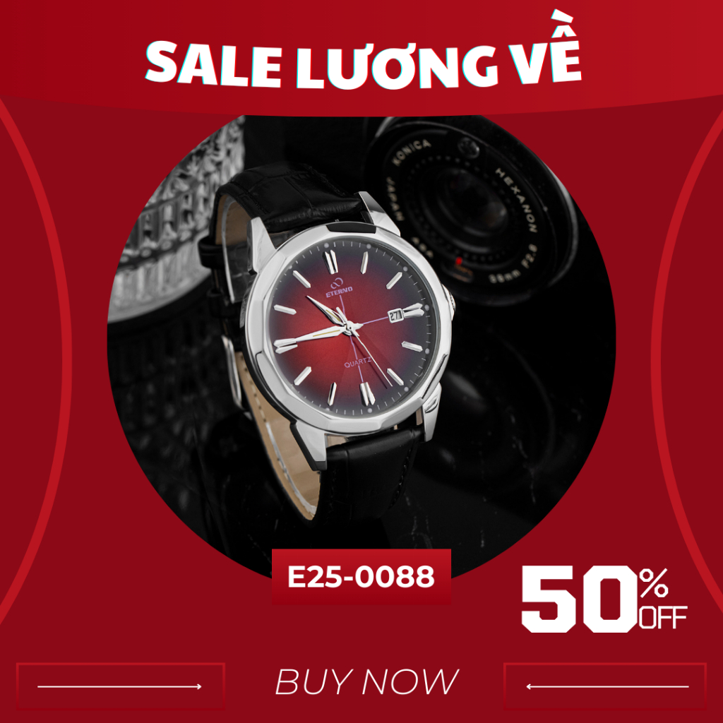 Đồng Hồ Nam - Thương Hiệu ETERNO E25-0088 Viền Đính Đá Khối Dây Da Cao Cấp