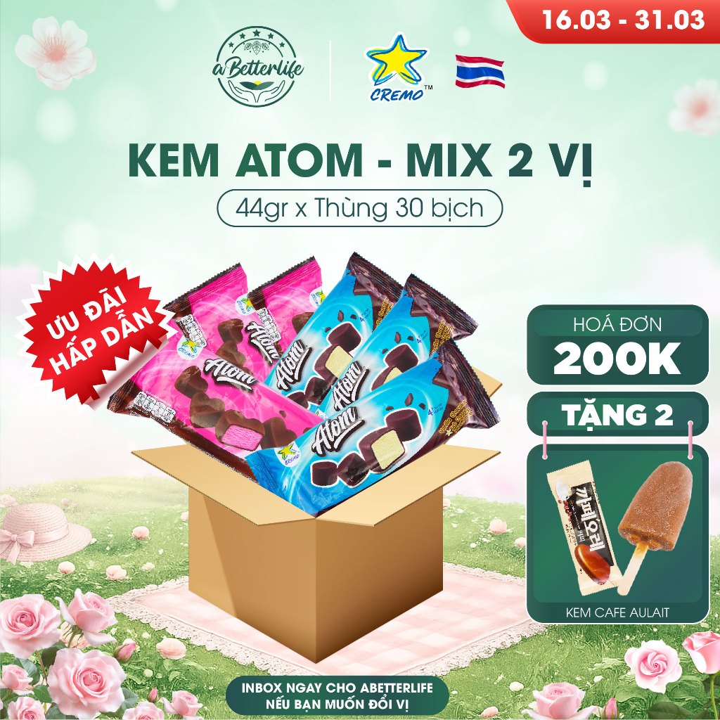 Thùng 30 thanh kem viên bọc choco Thái Lan Cremo Atom 44gr mix 2 vị 15 vani và 15 dâu ABetterLife