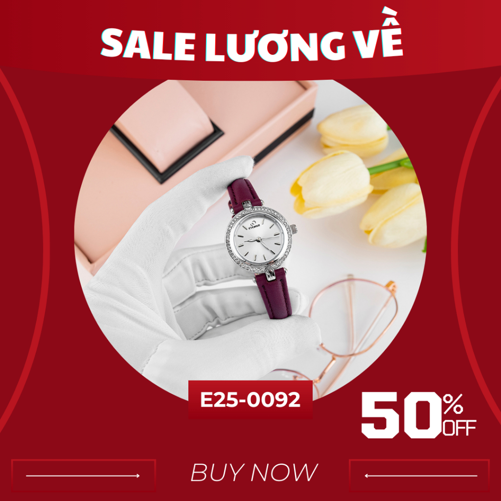 Đồng Hồ Nữ - Thương Hiệu ETERNO E25-0092 dây da hồng, viền đính đá thu hút _ đồng hồ nữ