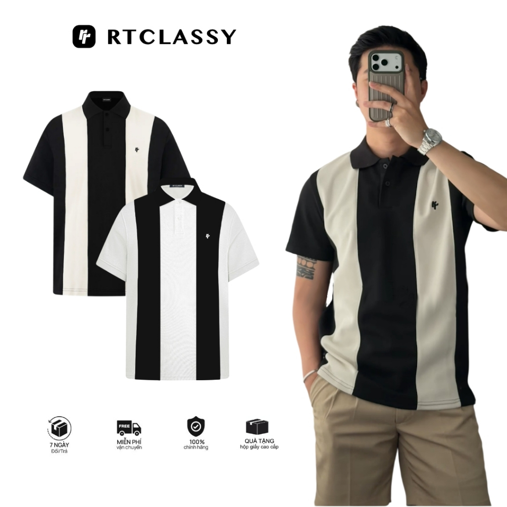 Áo Polo RT CLASSY THE LINE Phối Dọc Trẻ Trung Basic Nam/Nữ Vải Cotton Pique Chống Nhăn