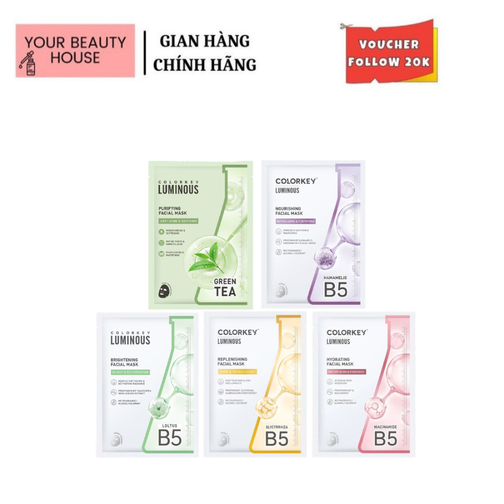 [Colorkey] Mặt Nạ B5 Dưỡng Sáng Da, Cấp Ẩm Và Tăng Đàn Hồi Da - Full Hộp 10 Miếng