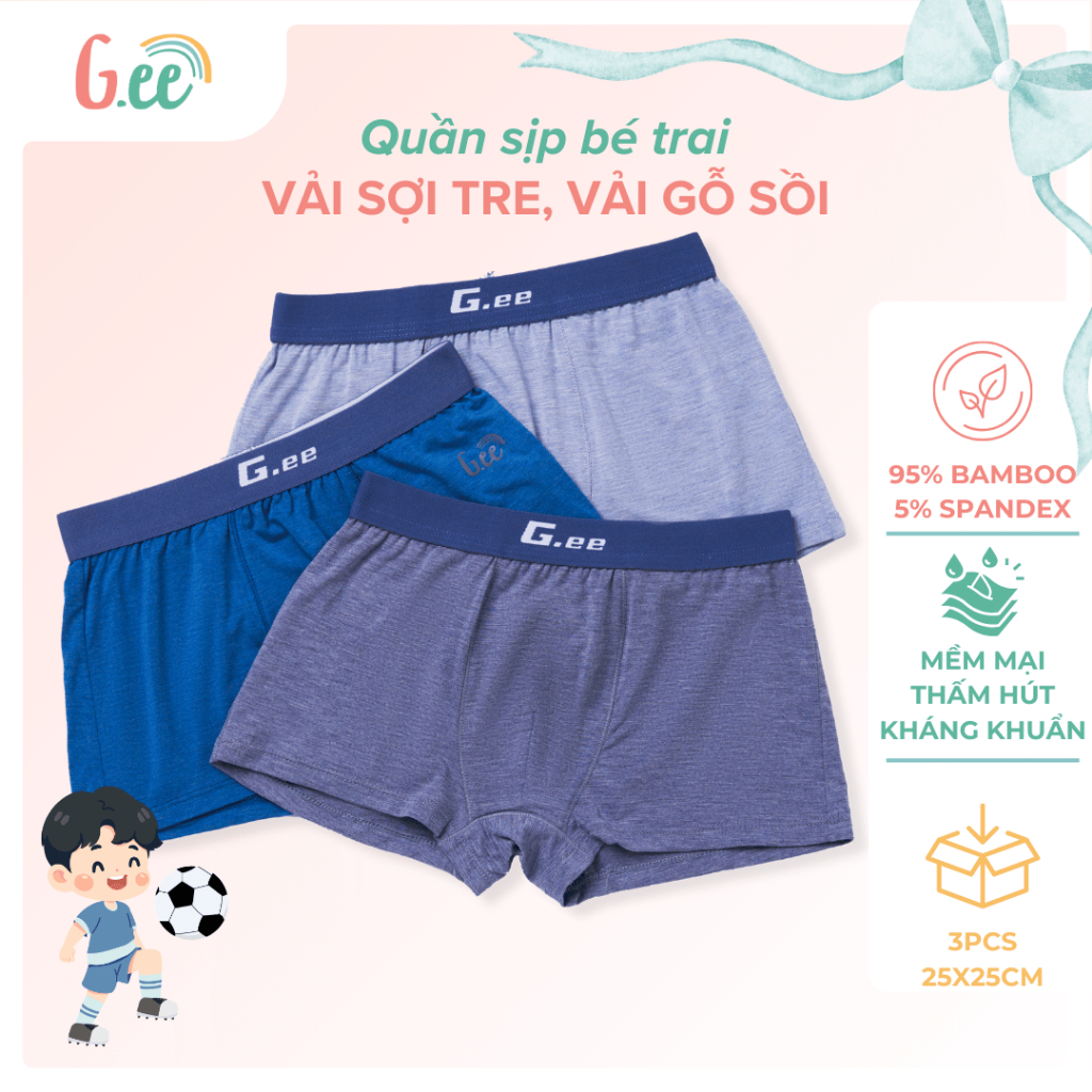 Set 3 Quần Lót Nam GEE, Quần sịp đùi bé trai, cho mọi lứa tuổi Vải Sợi Tre, Gỗ Sồi