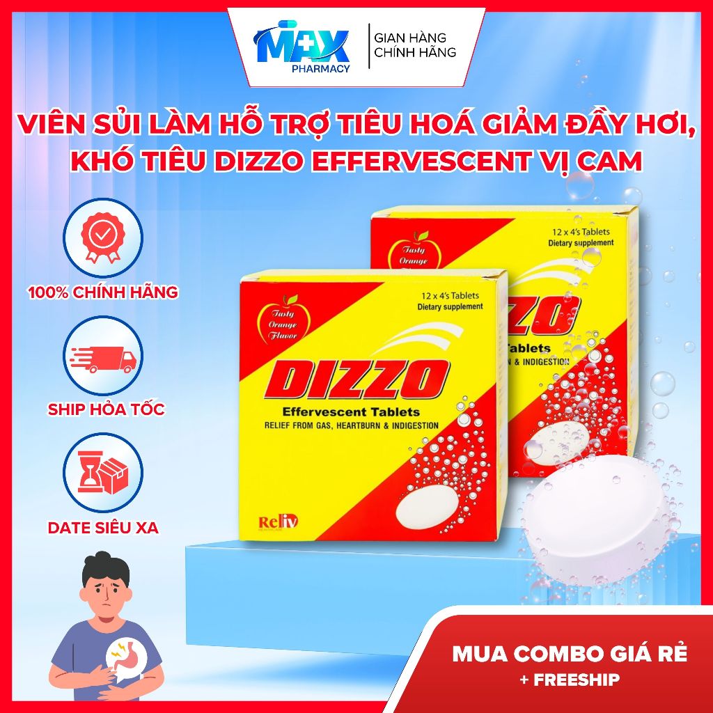 HỘP 48 Viên Sủi Làm Hỗ trợ tiêu hoá Giảm đầy hơi, khó tiêu DIZZO Effervescent Vị Cam - Maxpharmacy