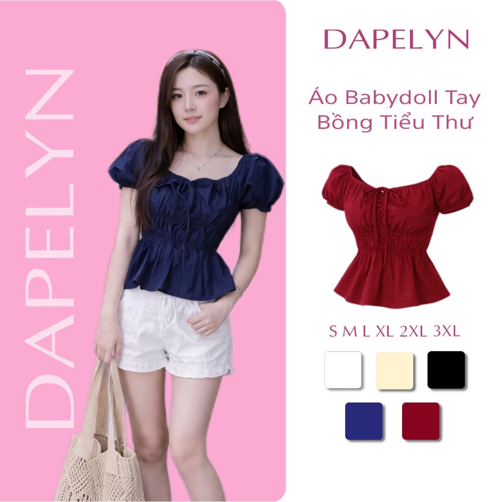 Áo Babydoll Line Tay Phồng Tiểu Thư Xinh Bo Thân Nơ Ngực AT424