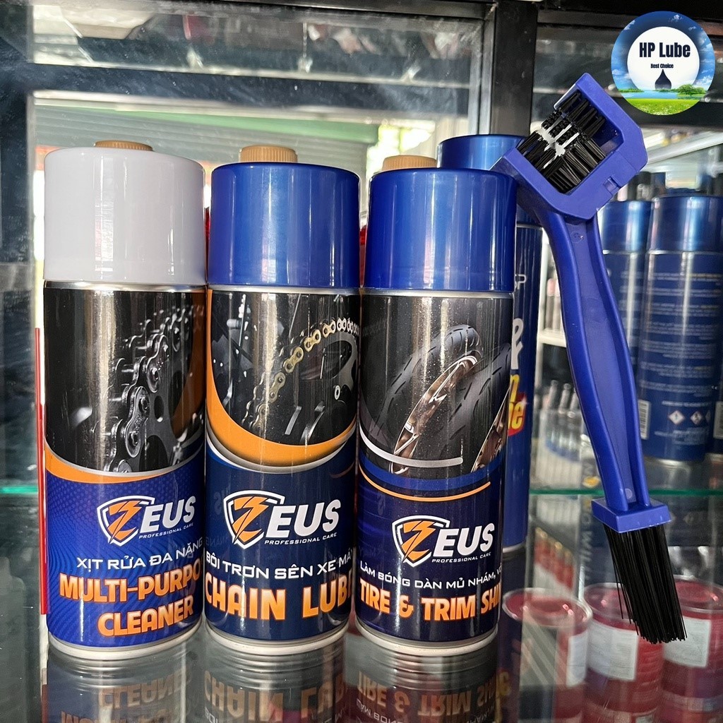 Combo Zeus Dưỡng sên, Vệ sinh sên, Phủ dàn nhựa nhám, Phủ bóng sơn xe dàn áo ZEUS Kèm Bàn Chải [Flas