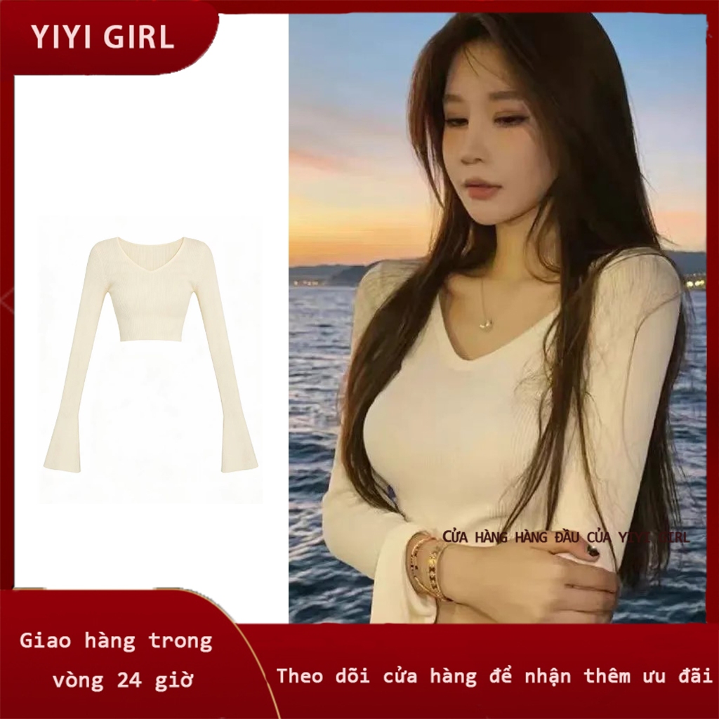 YIYI GIRL Áo kiểu tay áo dài street style cá tính kiểu Mỹ street style Áo kiểu tính khí áo thun