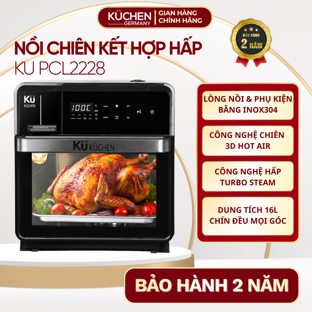 (CHÍNH HÃNG) Nồi chiên không dầu kết hợp hấp đa năng KUCHEN KU PCL2228 16L - BH 24 tháng.
