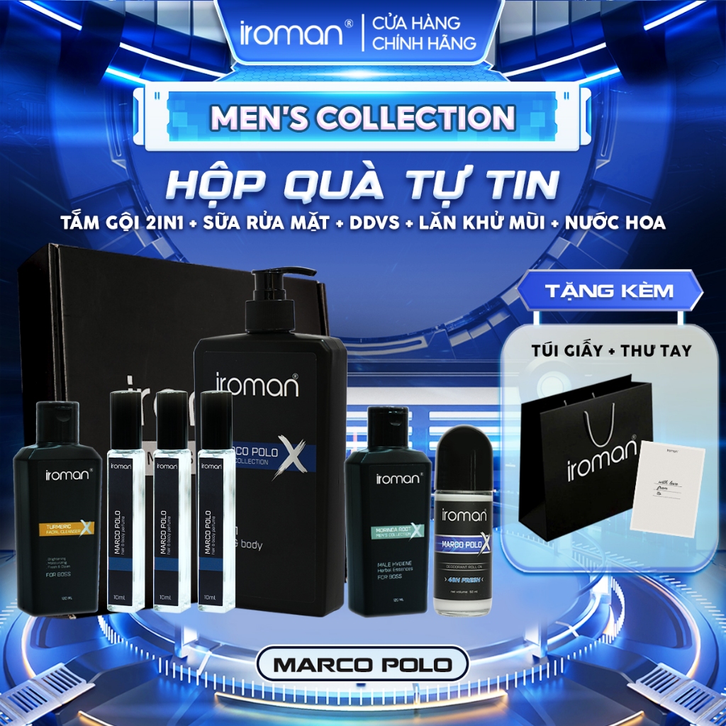 [TẶNG TÚI+THIỆP] Hộp Quà Tự Tin IROMAN Tắm Gội 2in1 400G + 3 Nước hoa 10ML + Sữa Rữa Mặt 120G + Thảo Dược Vệ Sinh Nam