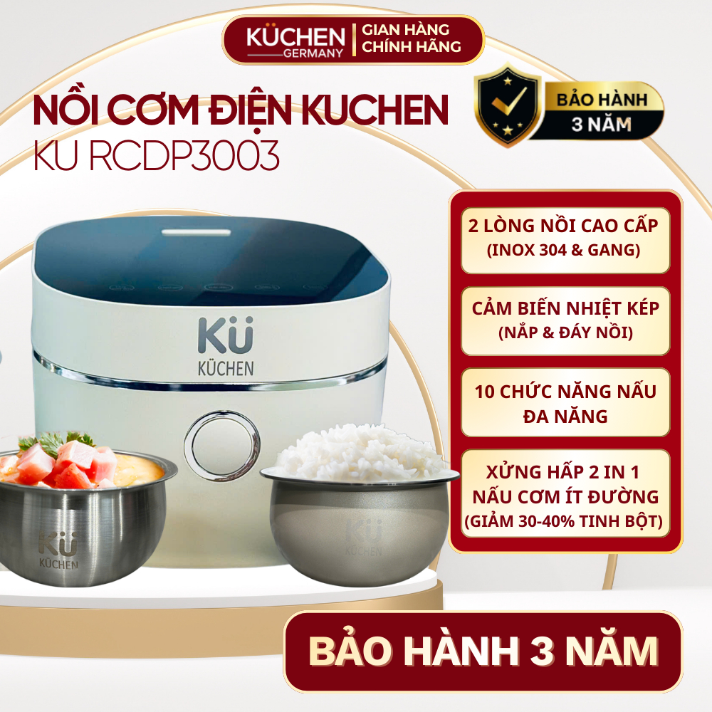 (CHÍNH HÃNG) Nồi cơm điện thông minh KUCHEN KU RCDP3003 2 Lòng Nồi Inox 304 & Gang Phủ Nano Ceramic