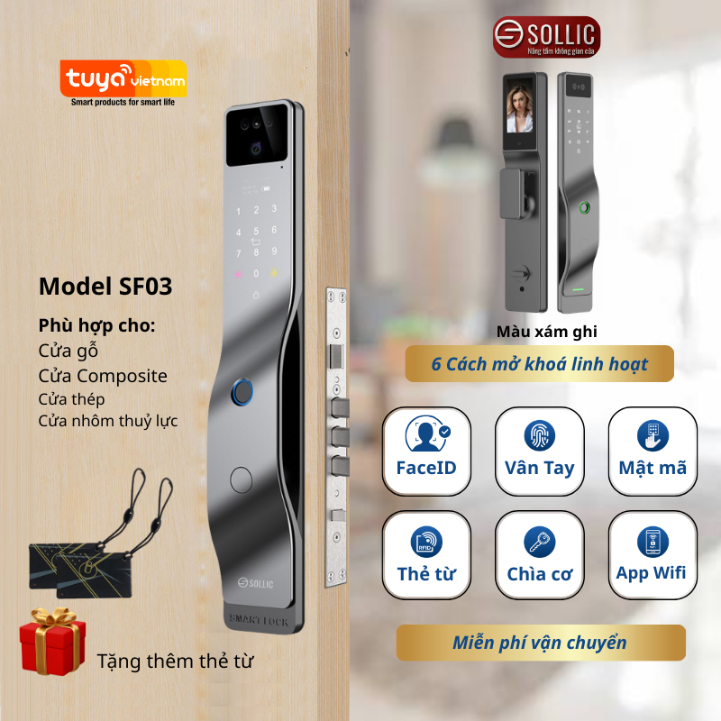 Khoá cửa thông minh Sollic SF03 Nhận diện khuôn mặt Face ID 3D Hồng ngoại mở cửa từ xa và check came