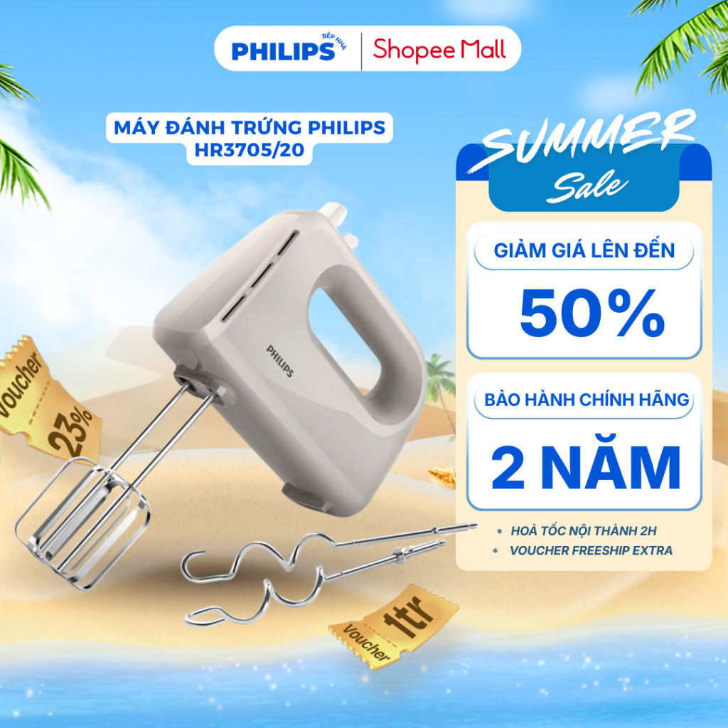Máy Đánh Trứng PHILIPS HR3705/20 (300W) Máy Đánh Trứng Cầm Tay, Trộn Bột, Đánh Kem, 5 Chế Độ