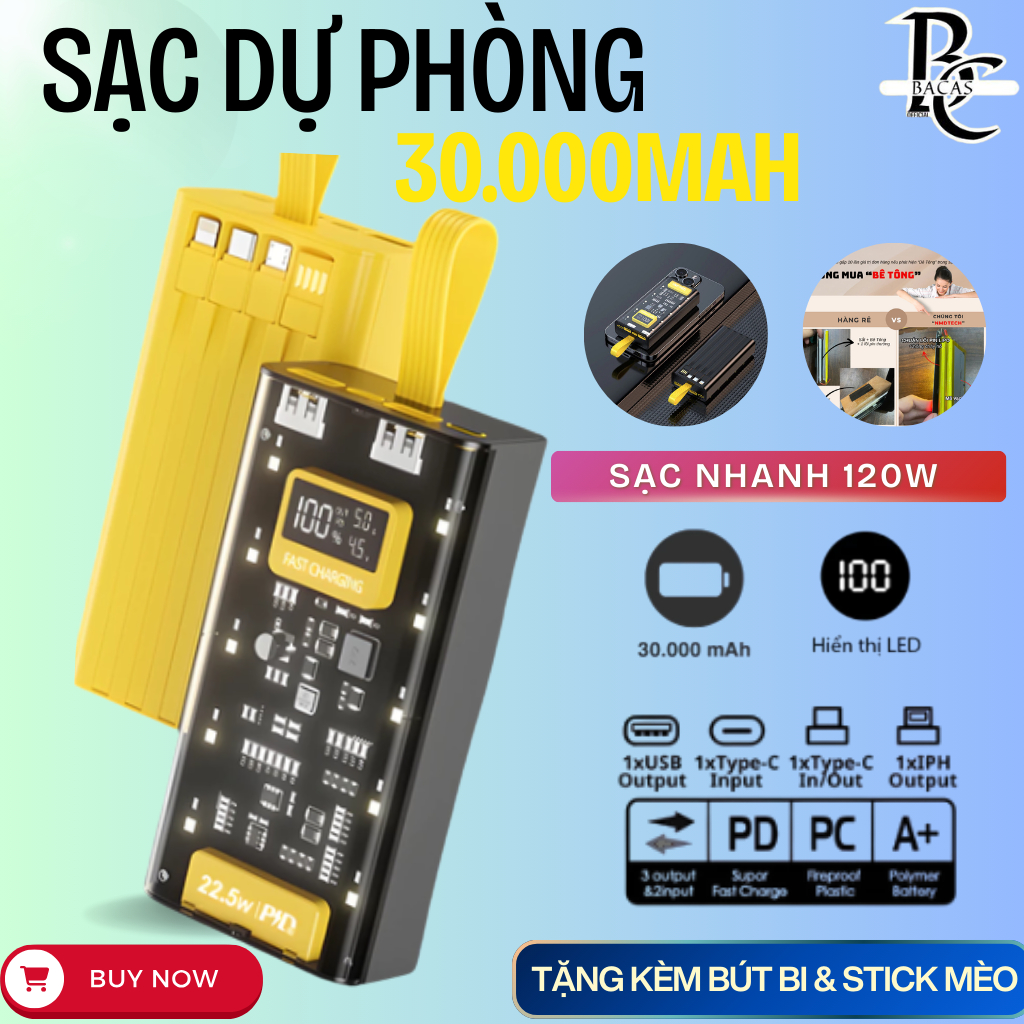 Sạc Dự Phòng 30.000mAh, Công suất cực đại 120W, Thiết kế 4 dây sạc sẵn, Màn hình LED thông minh %Pin