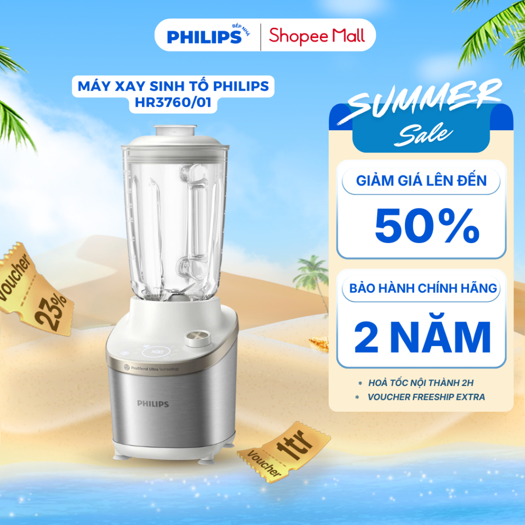 Máy Xay Sinh Tố PHILIPS HR3760/01 (1500W - 1.8L) Máy Xay Đa Năng Xay Đá, Trái Cây, Tự Động Ngắt Điện