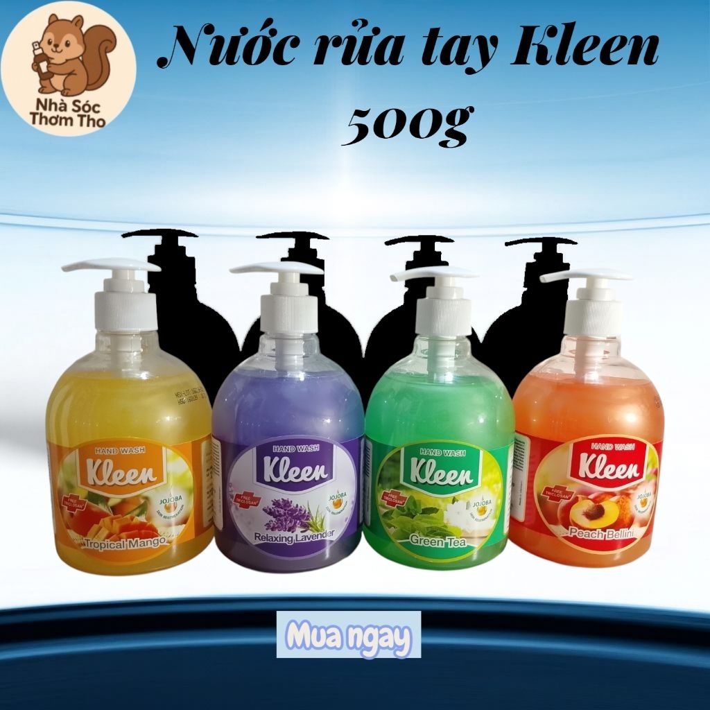 Nước Rửa Tay Kleen 500g | Green Tea, Lavender, Peach Bellini, Tropical Mango | Dưỡng Ẩm Jojoba, Thơm