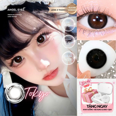 Lens đen giãn tròng to có độ 0-8 Tokyo Night nhãn hiệu Angel Eyes, kính áp tròng đen tự nhiên