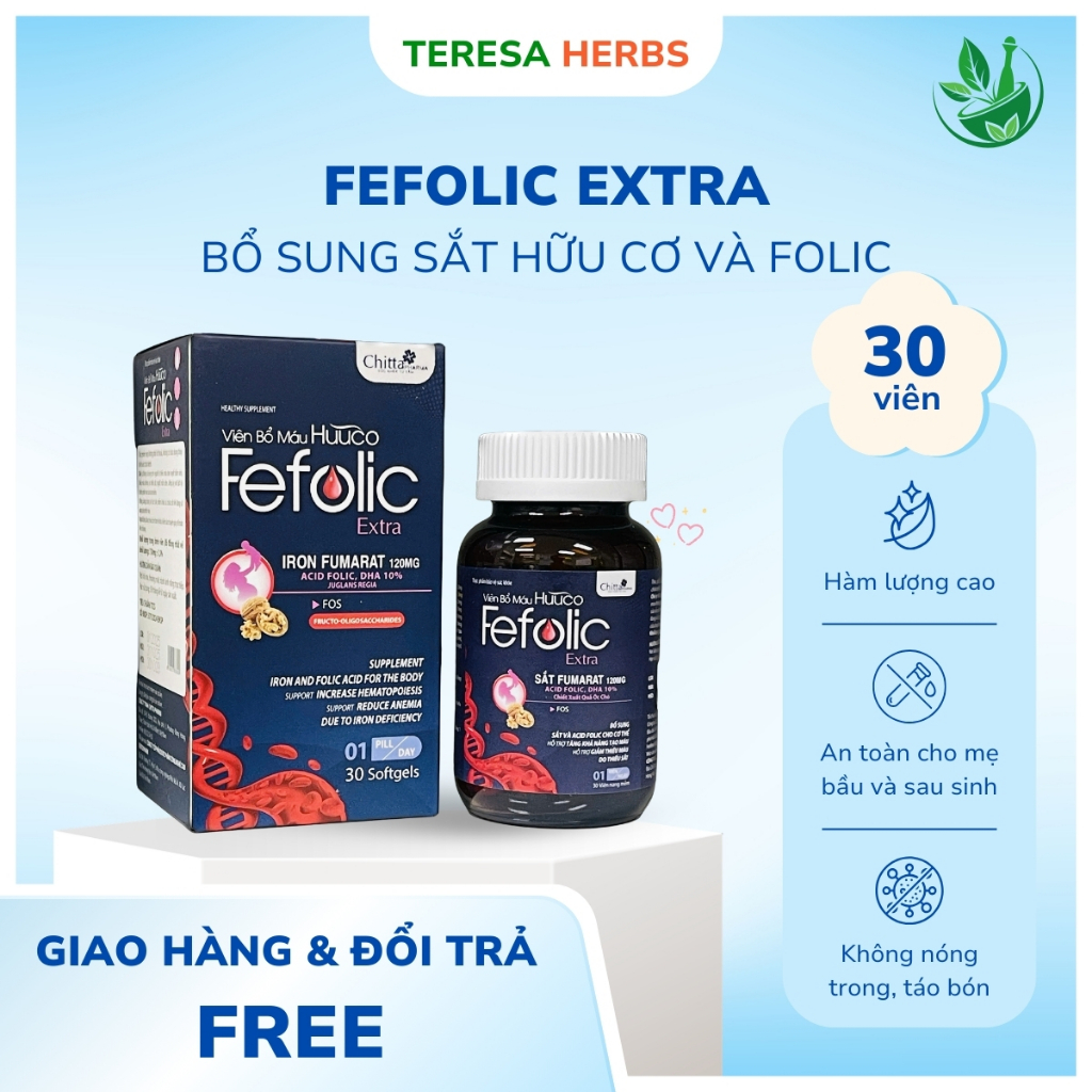 Sắt hữu cơ bổ máu Fefolic Extra bổ sung folic (hộp 30 viên)