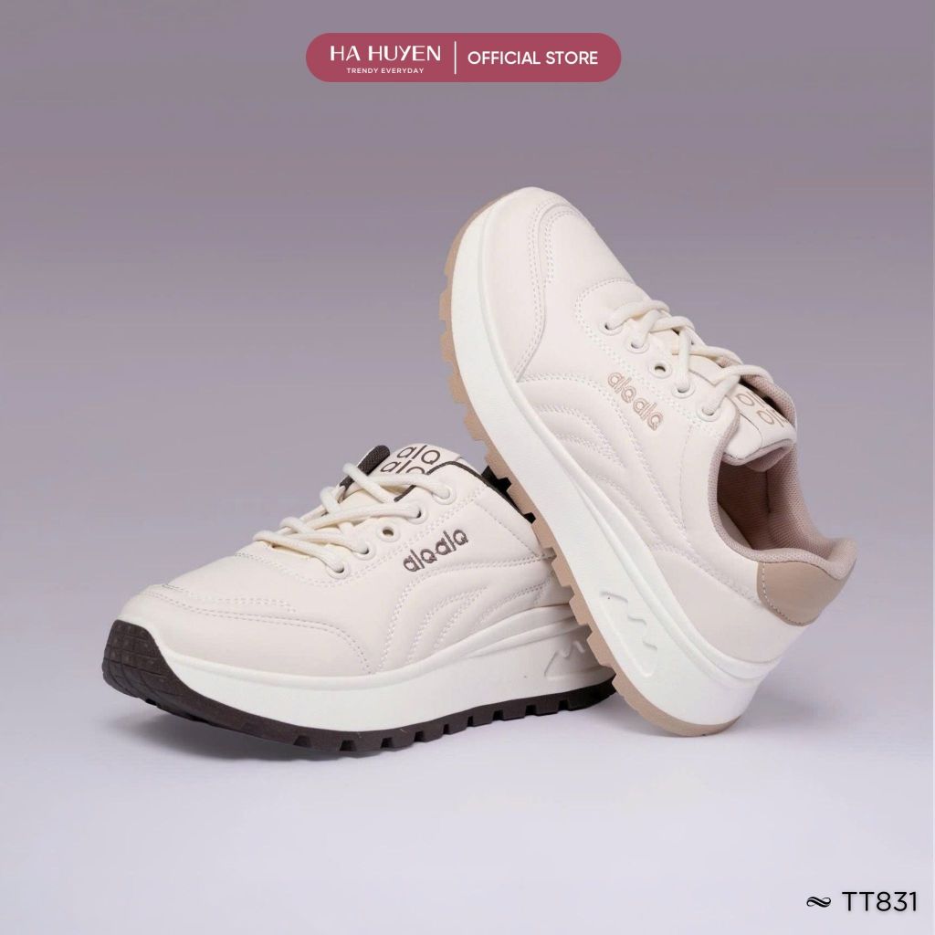 Giày thể thao Sneaker nữ HÀ HUYỀN da lì buộc dây dập hông độn đế 4cm - TT831
