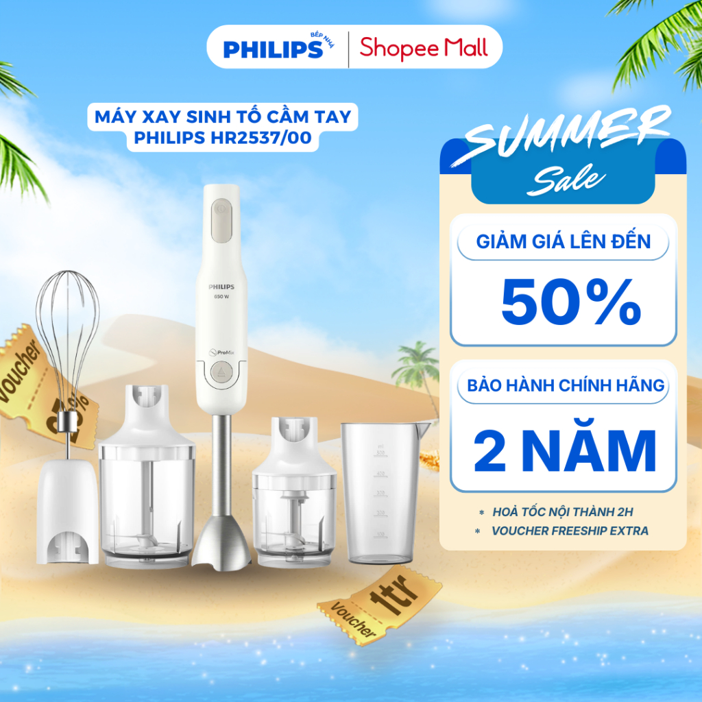 Máy Xay Sinh Tố Cầm Tay PHILIPS HR2537/00 - Máy xay mini xay thịt, đồ ăn dặm, gia vị, đánh trứng