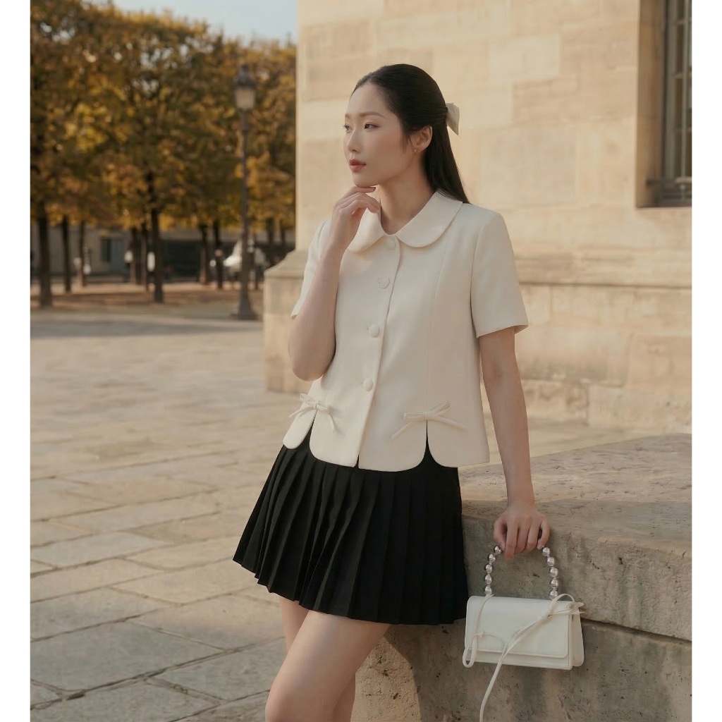 Áo vest nữ cổ sen phối nơ chất dạ text Linly Store