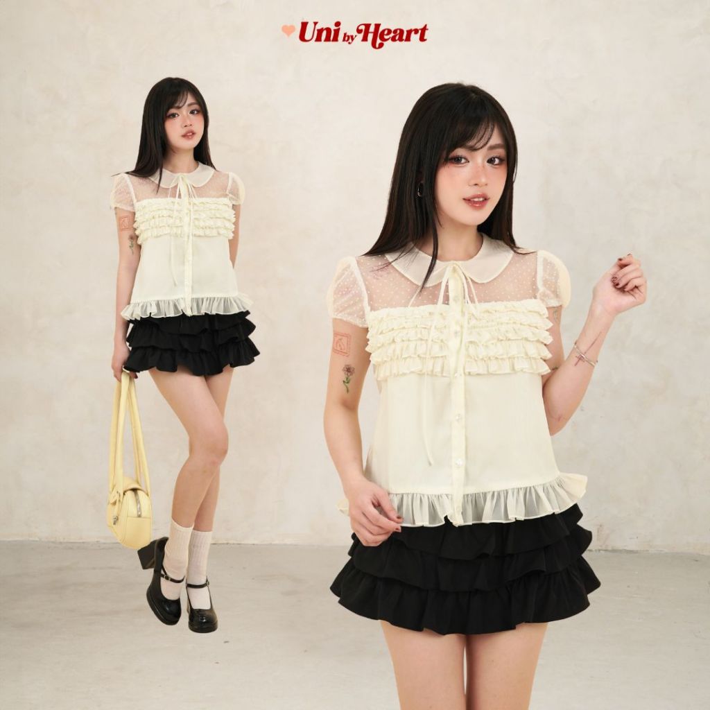 Sơ mi tơ bèo Arina Shirt SMI047 phối chấm bi, nơ cổ, tay phồng - Uni By Heart