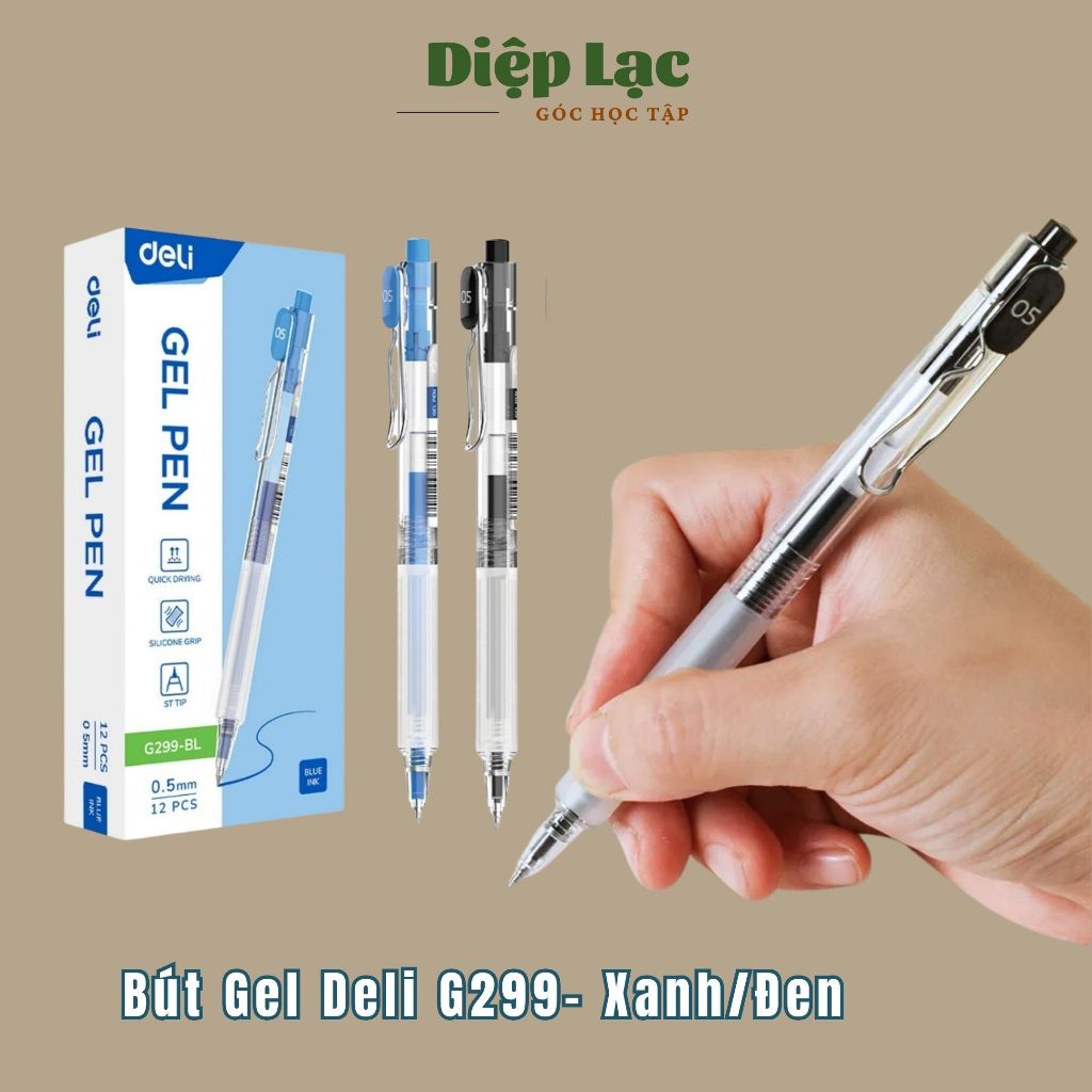 (12-3c) Bút Gel Deli CAO CẤP EG299 mực Xanh/Đen 0.5mm - Mực khô nhanh x2 lần - vpp Diệp Lạc