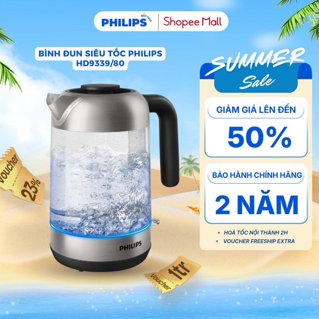 Bình Đun Siêu Tốc PHILIPS HD9339/80 (1.7L - 2200W) Ấm Đun Thủy Tinh Có Đèn Cảm Ứng - Hàng Chính Hãng