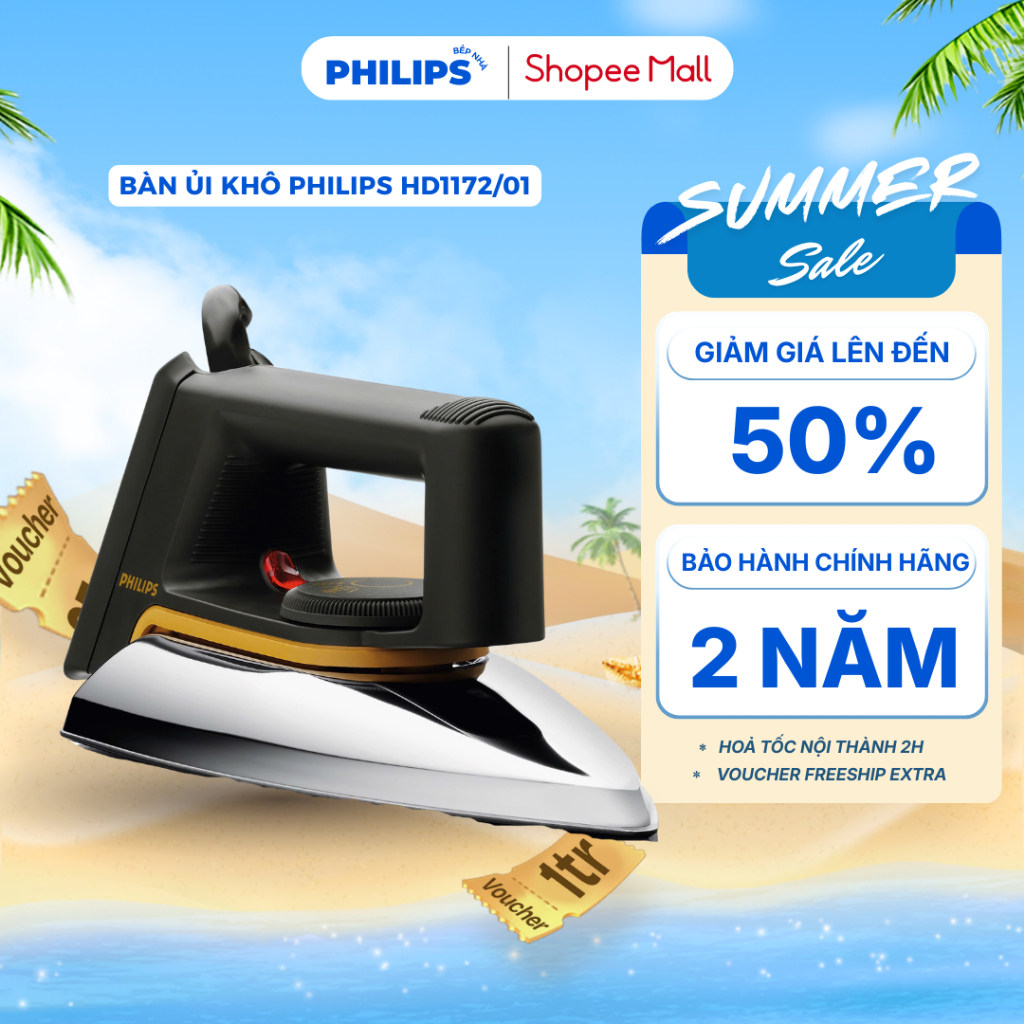 Bàn Ủi Khô PHILIPS HD1172/01 (1000W) Bàn Là Mini, Nhỏ Gọn, Mặt Đế Chống Dính - Bảo Hành Chính Hãng