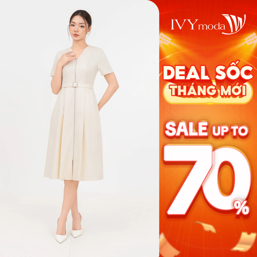 Đầm Tuysi cổ V kèm đai nữ IVY moda MS 48M8890
