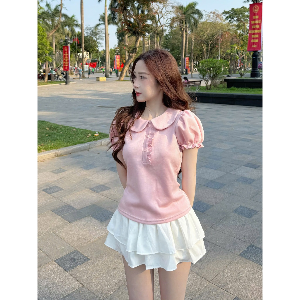Áo thun nữ cổ sen tay phồng Hàn Quốc form ôm tôn dáng áo nữ thời trang dễ phối AOT115 | BigBuy360 - bigbuy360.vn