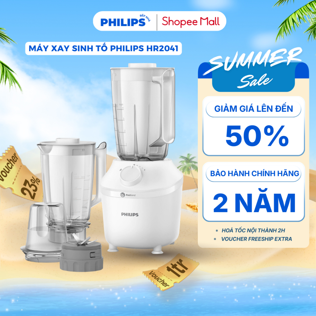 Máy Xay Sinh Tố PHILIPS HR2041 (450W) Xay Đá Nhuyễn Mịn, Rau Củ, Các Loại Hạt - Bảo Hành Chính Hãng