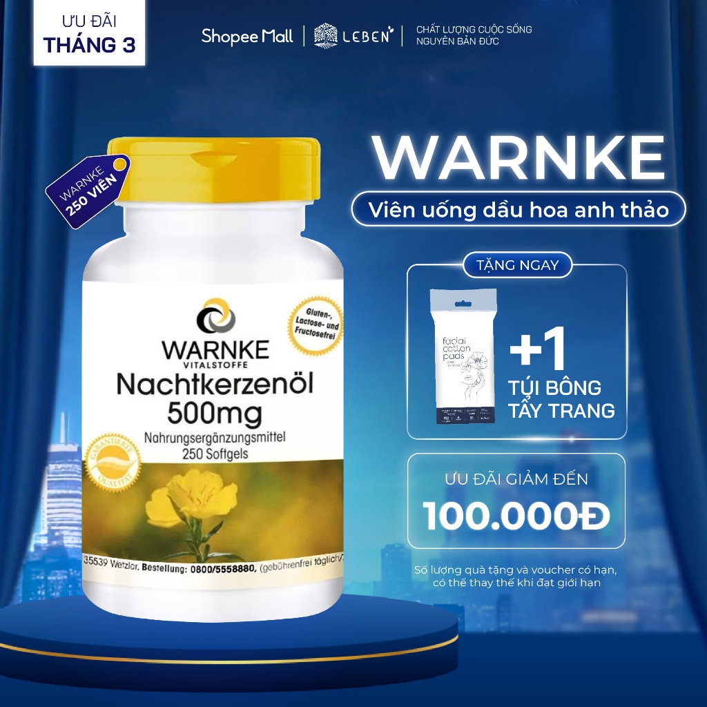 Hộp 250 Viên Tinh Dầu Hoa Anh Thảo Warnke Nachtkerzenöl 500mg Hỗ Trợ Cân Bằng Nội Tiết Tố Nữ | Leben