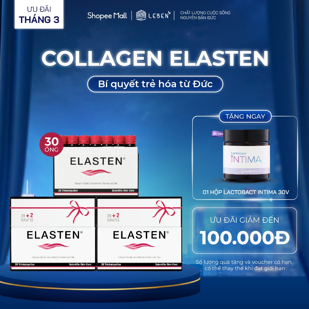 Collagen Elasten - Bộ 3 Hộp (1 liệu trình) Giúp Da Căng Mịn, Chống Lão Hóa, Tóc Chắc Khỏe 90 x 25ml 