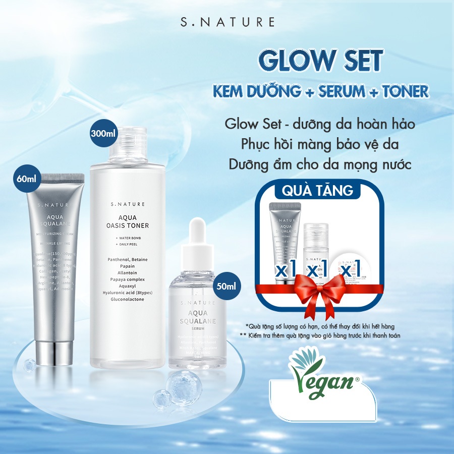 COMBO Bộ Ba S.Nature Glow Aqua Oasis Toner 300ml & Aqua Squalane Moisturizing Cream 60ml & Aqua Squalane Serum 50ml