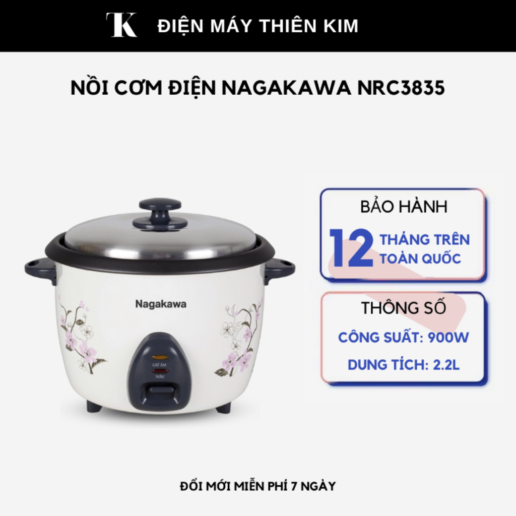 Nồi cơm điện Nagakawa NRC3835 - 2.2L 900W, lòng nồi phủ hợp kim chống dính - bảo hành 12 tháng toàn 