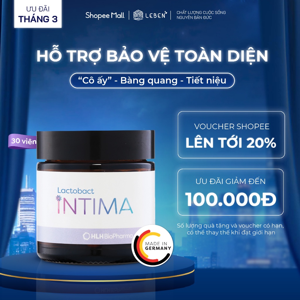 Men vi sinh phụ khoa Lactobact Intima bổ sung lợi khuẩn, Cranberry, D-Mannose từ Đức hộp 30 viên | L