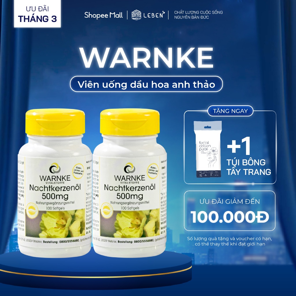 Combo 2 Tinh Dầu Hoa Anh Thảo Warnke Nachtkerzenöl 500mg Hỗ Trợ Cân Bằng Nội Tiết Tố Nữ | Leben Việt