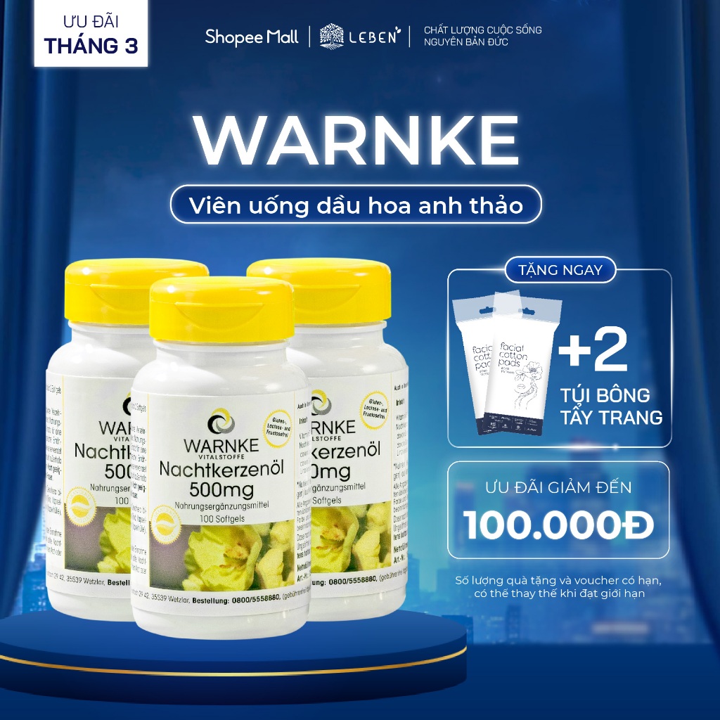 Combo 3 Tinh Dầu Hoa Anh Thảo Warnke Nachtkerzenöl 500mg Hỗ Trợ Cân Bằng Nội Tiết Tố Nữ | Leben Việt