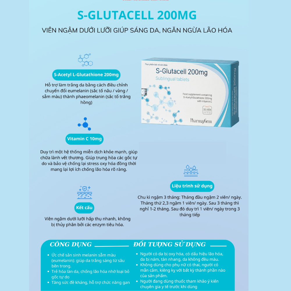 Ảnh 4 của Viên uống sáng da Pharmaform GLUTA-N.A.C, S-GLUTACELL 200MG sáng da, giảm thâm nám 30 viên