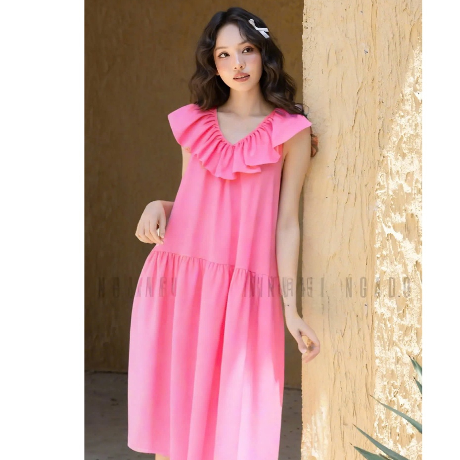 Đầm hồng cổ nhún NGADO , đầm dáng babydoll , đầm dài