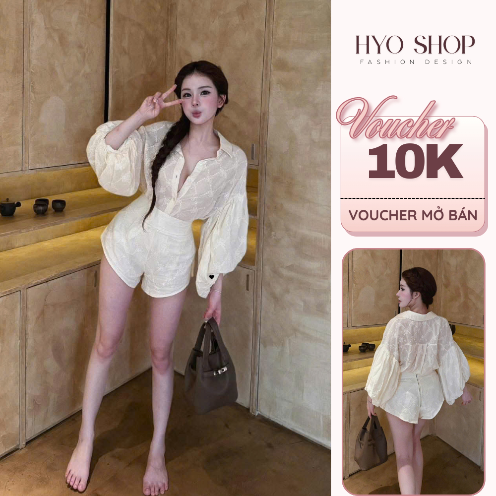 Set Bộ Nữ Áo Ren Thô Cổ Sơ Mi Mix Quần Short Cạp Cao Sang Chảnh - HYO SHOP